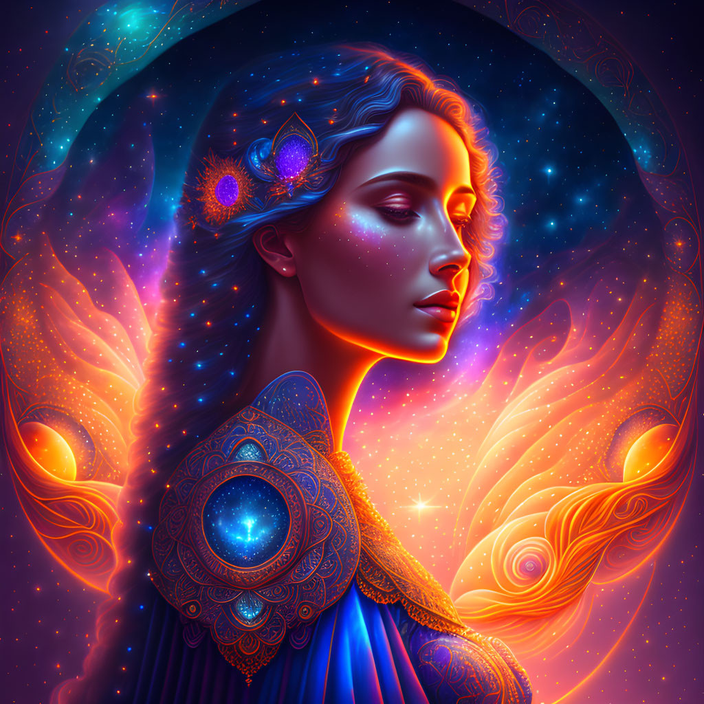 Cosmic-themed side profile portrait with radiant colors and star patterns