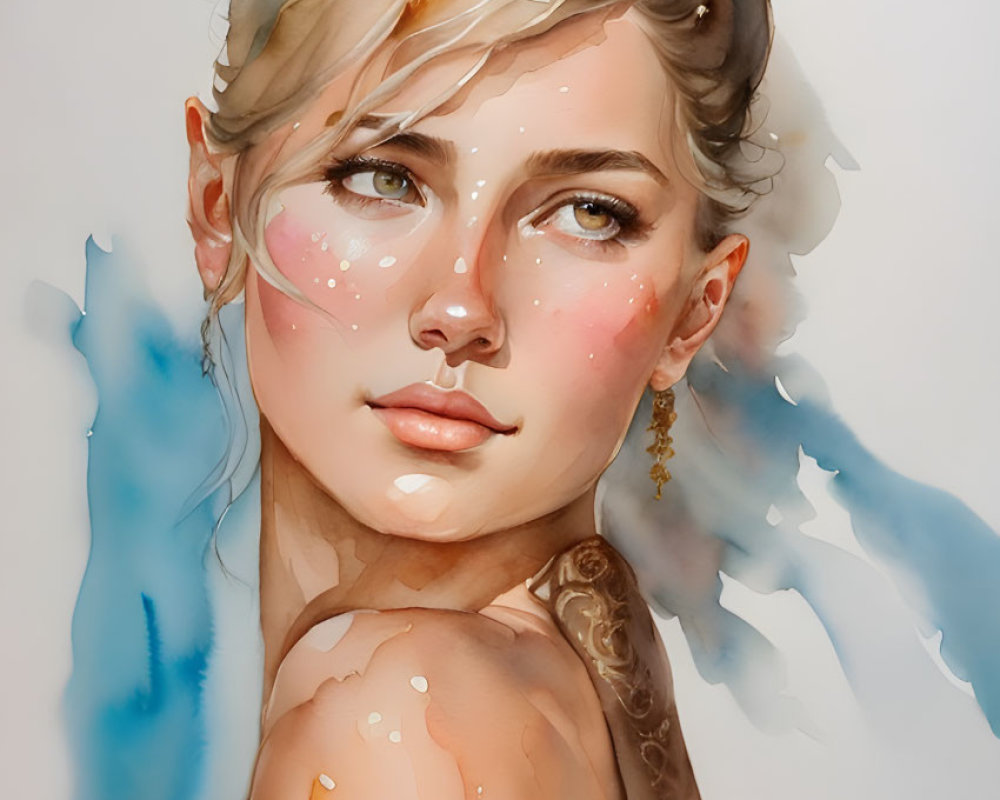 Stylized portrait of young woman with horned headband and watercolor aesthetic