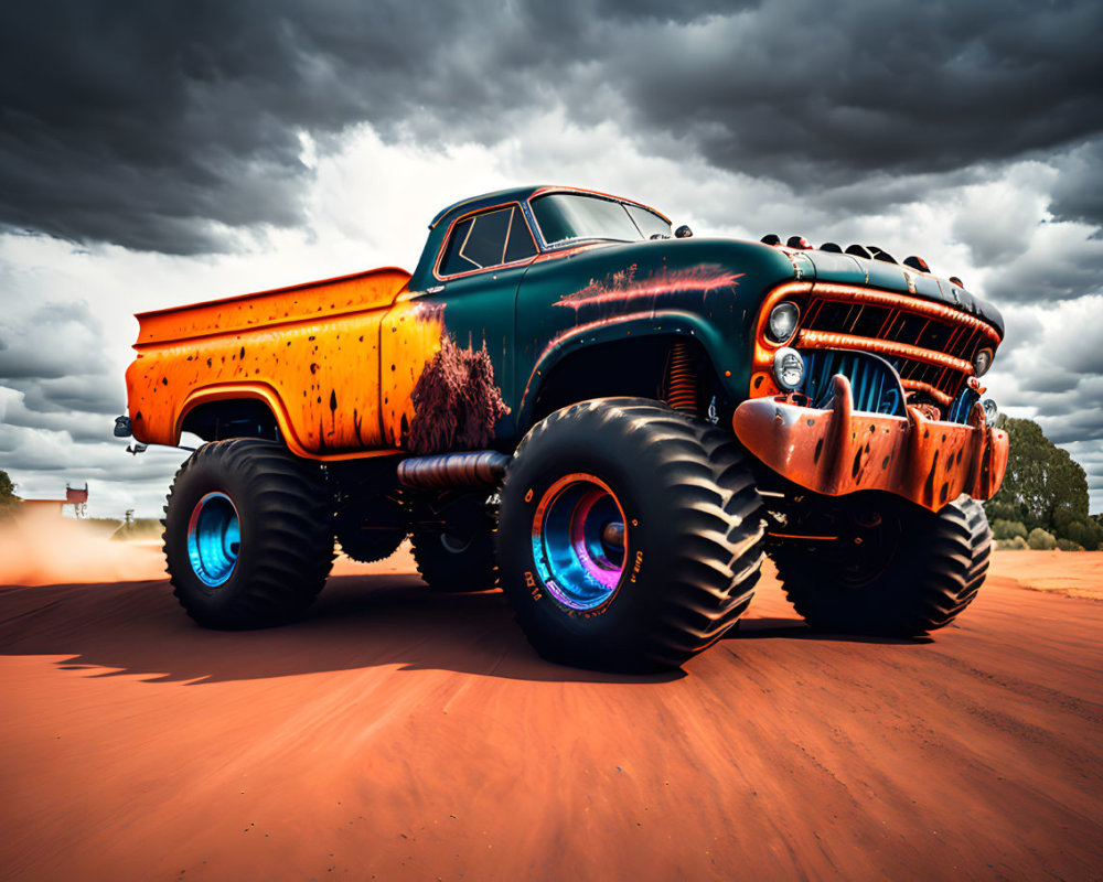 Vibrant orange and teal monster truck on sandy terrain under cloudy sky