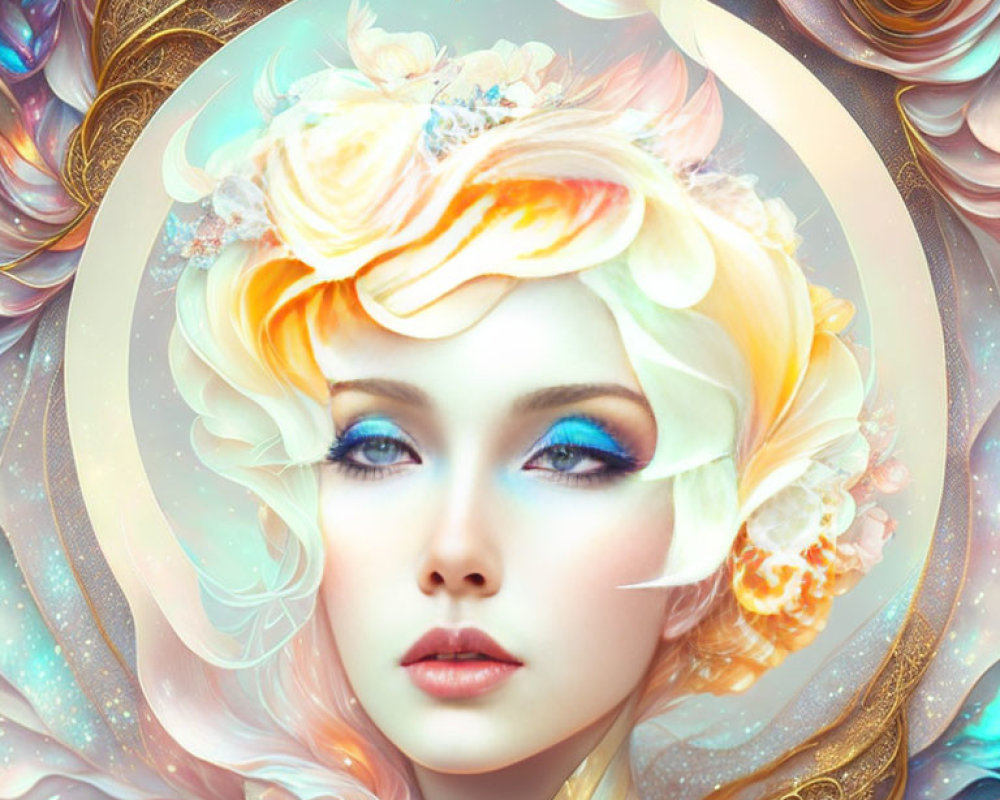 Colorful surreal portrait of a woman with swirling floral elements