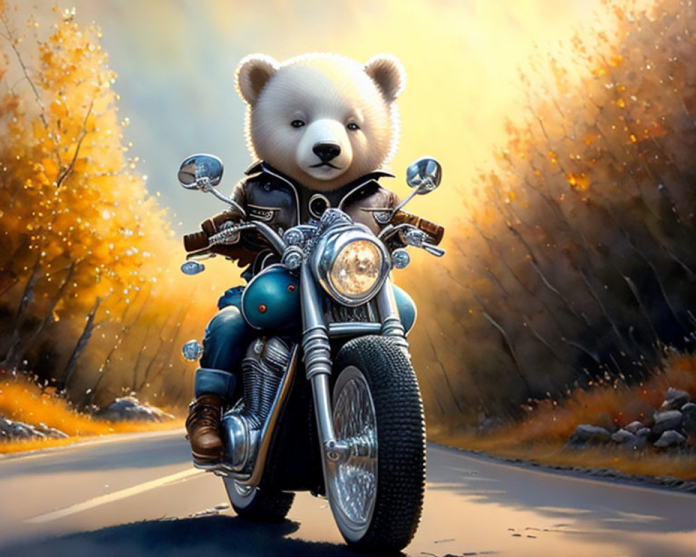 Adorable bear cub on vintage motorcycle in autumn scenery