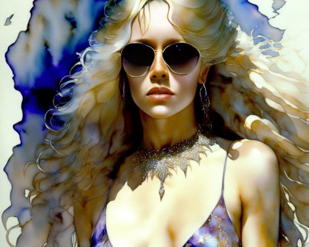 Blonde Woman in Galaxy Print Top with Curly Hair & Sunglasses