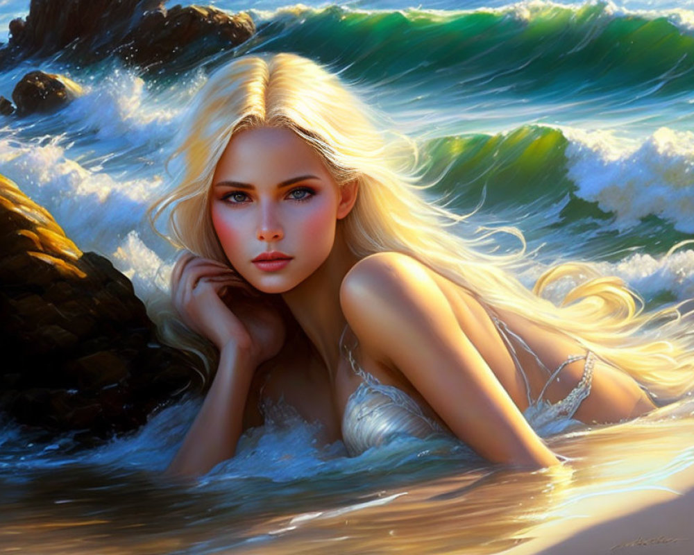 Blonde woman with blue eyes by the sea portrait