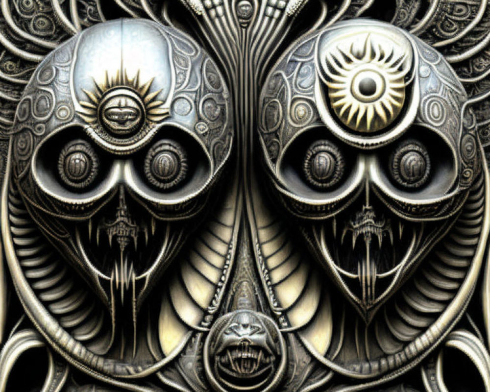 Symmetrical Monochrome Metallic Sculpture with Eyes, Skulls, and Ornate Patterns