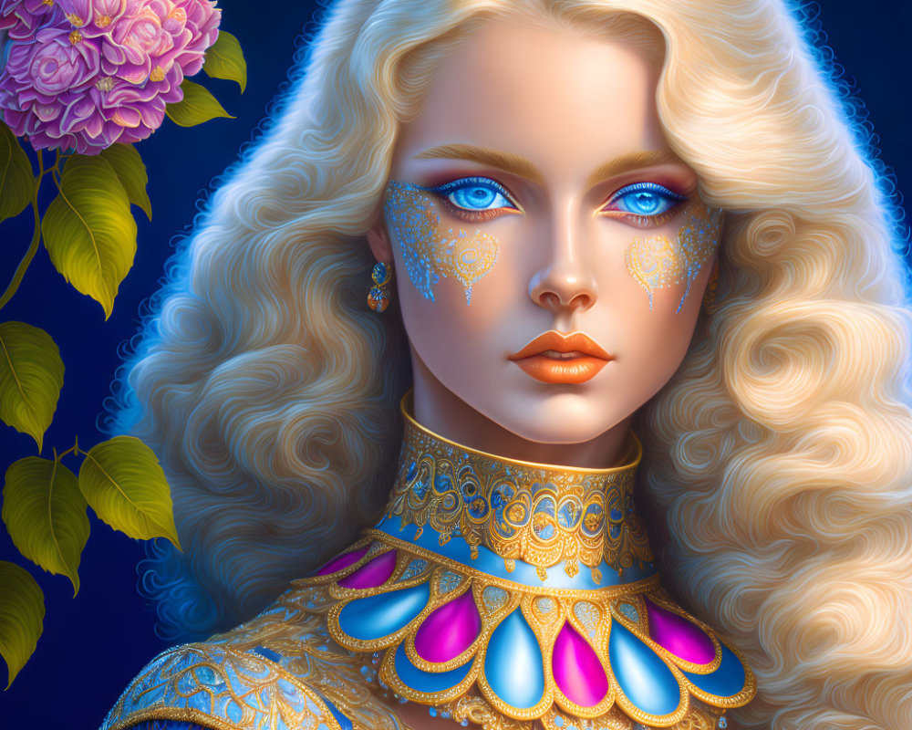 Blonde woman with blue eyes and ornate jewelry in digital portrait