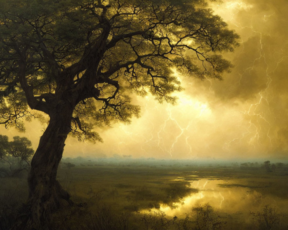 Majestic tree with sprawling branches in savanna under dramatic sky