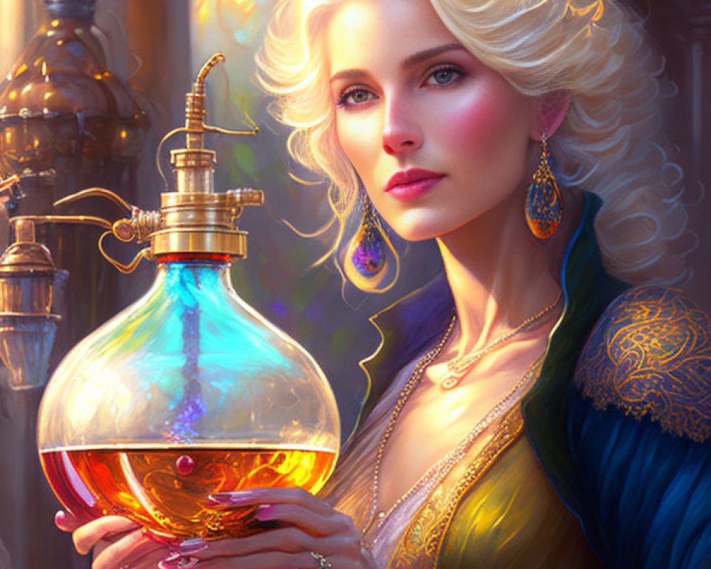 Curly Blonde Woman in Blue and Gold Dress with Glowing Amber Liquid