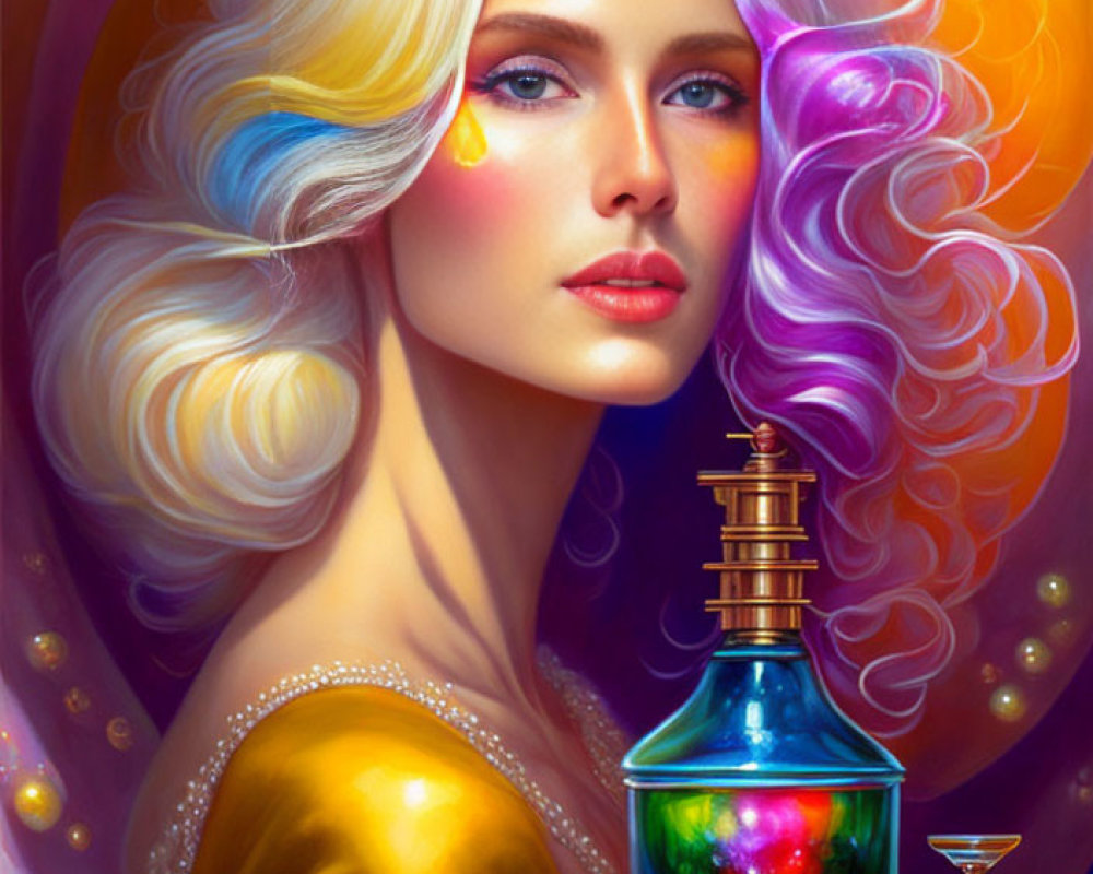 Colorful woman with flowing hair holds potion under ethereal light