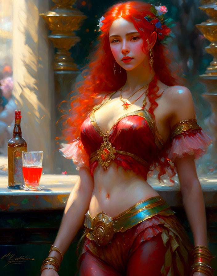 Digital artwork of woman with red hair in belly dancing attire beside table with bottle and glass