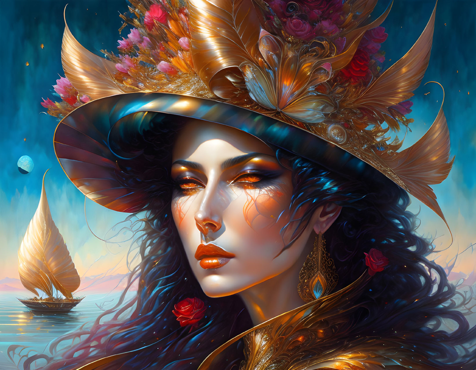 Ornate golden headdress portrait against surreal seascape