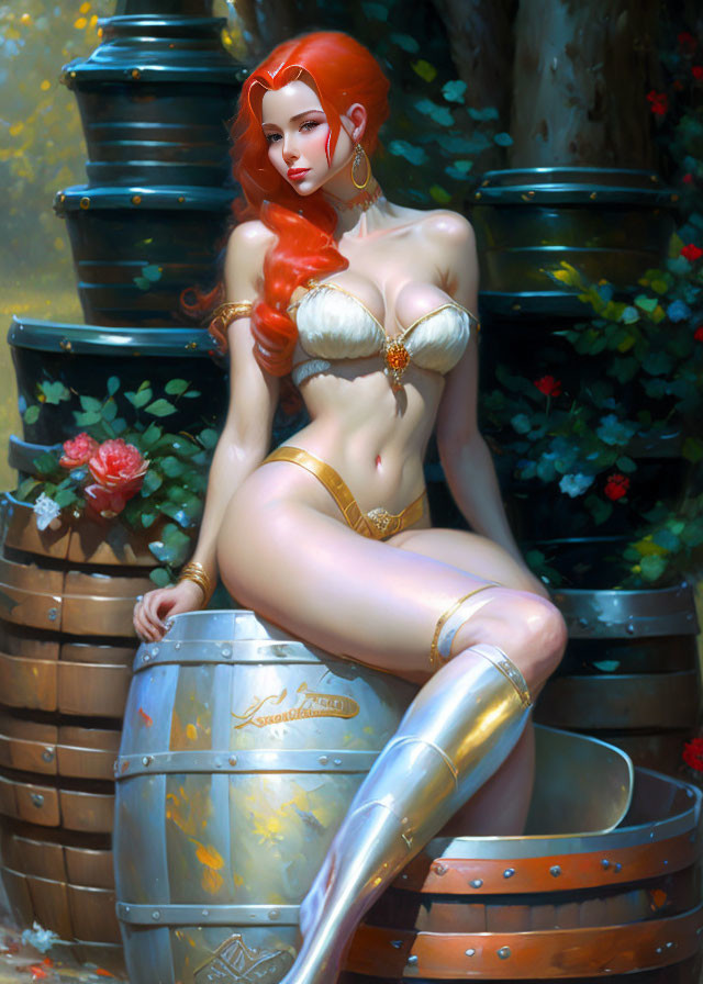 Red-Haired Female Character in Fantasy Setting with Golden Bikini and Metal Boots