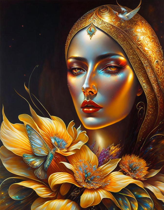 Surreal portrait of woman with golden headwear and yellow flower