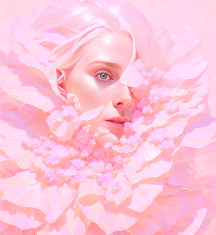 Woman with Pink Floral Petals in Ethereal Portrait