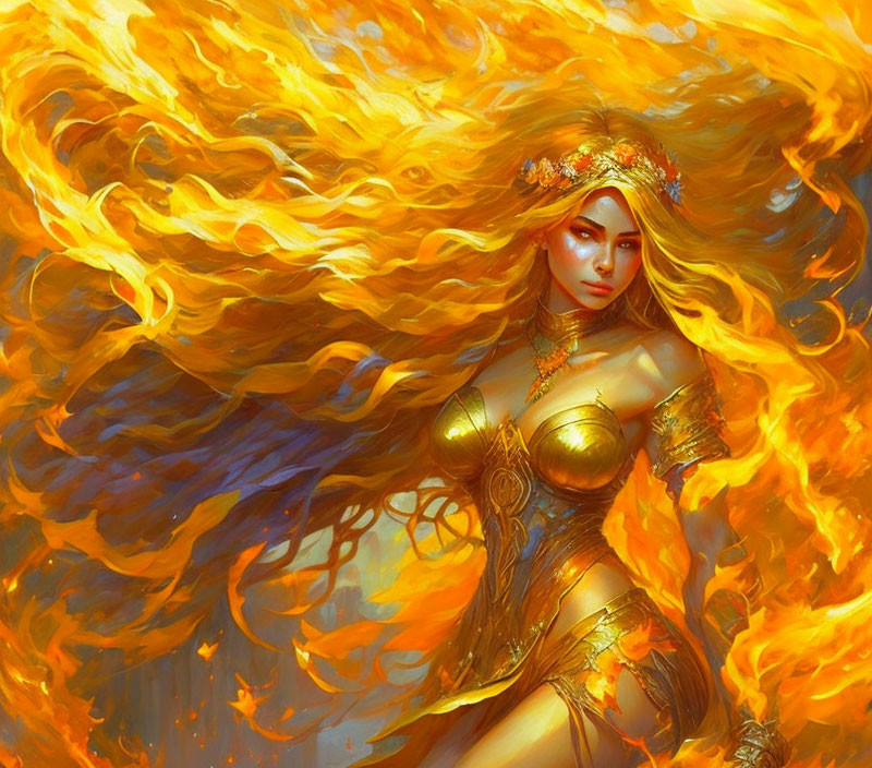 Fantasy illustration: Woman in golden armor engulfed by fiery swirls