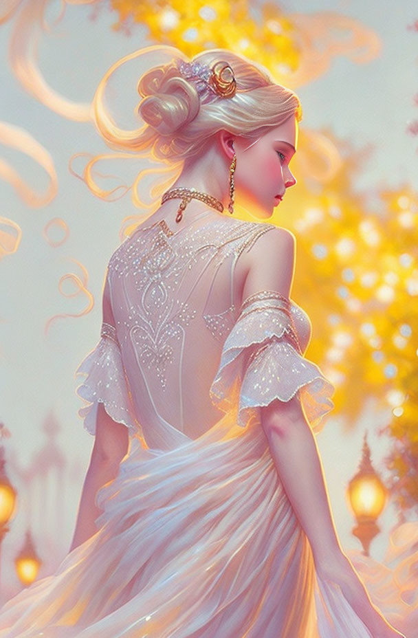 Sophisticated woman in ornate dress with elegant updo in warm sunset glow