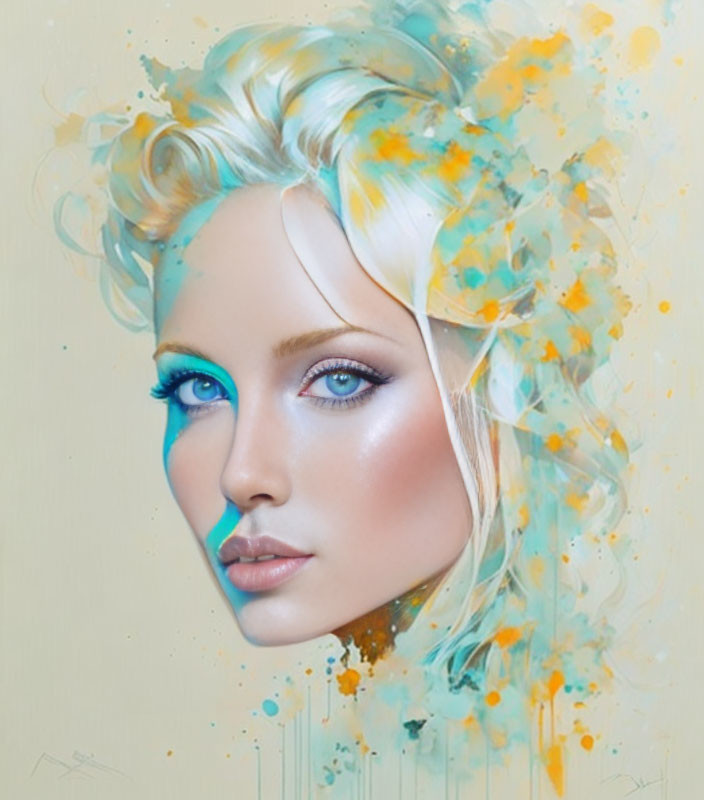 Digital painting of woman with vibrant blue eyes and blond hair amid ethereal blue and orange watercolor spl