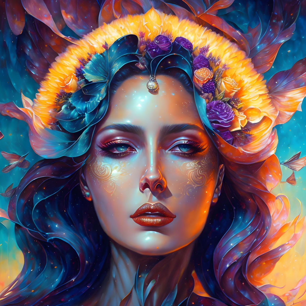 Vibrant blue and orange surreal portrait of a woman with flowers and butterflies