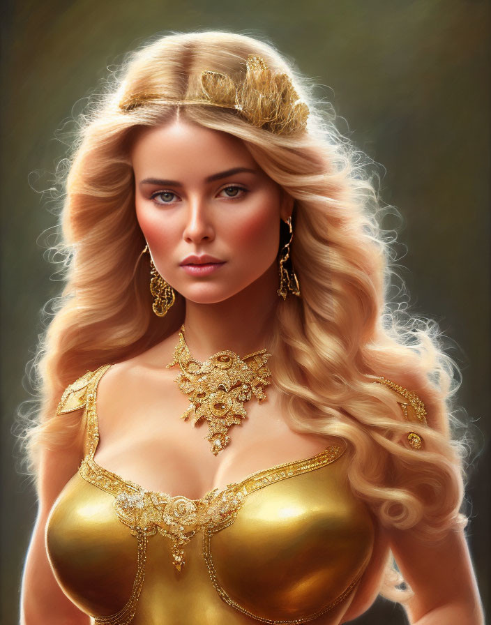 Portrait of woman with long blonde hair, blue eyes, golden crown, and regal expression