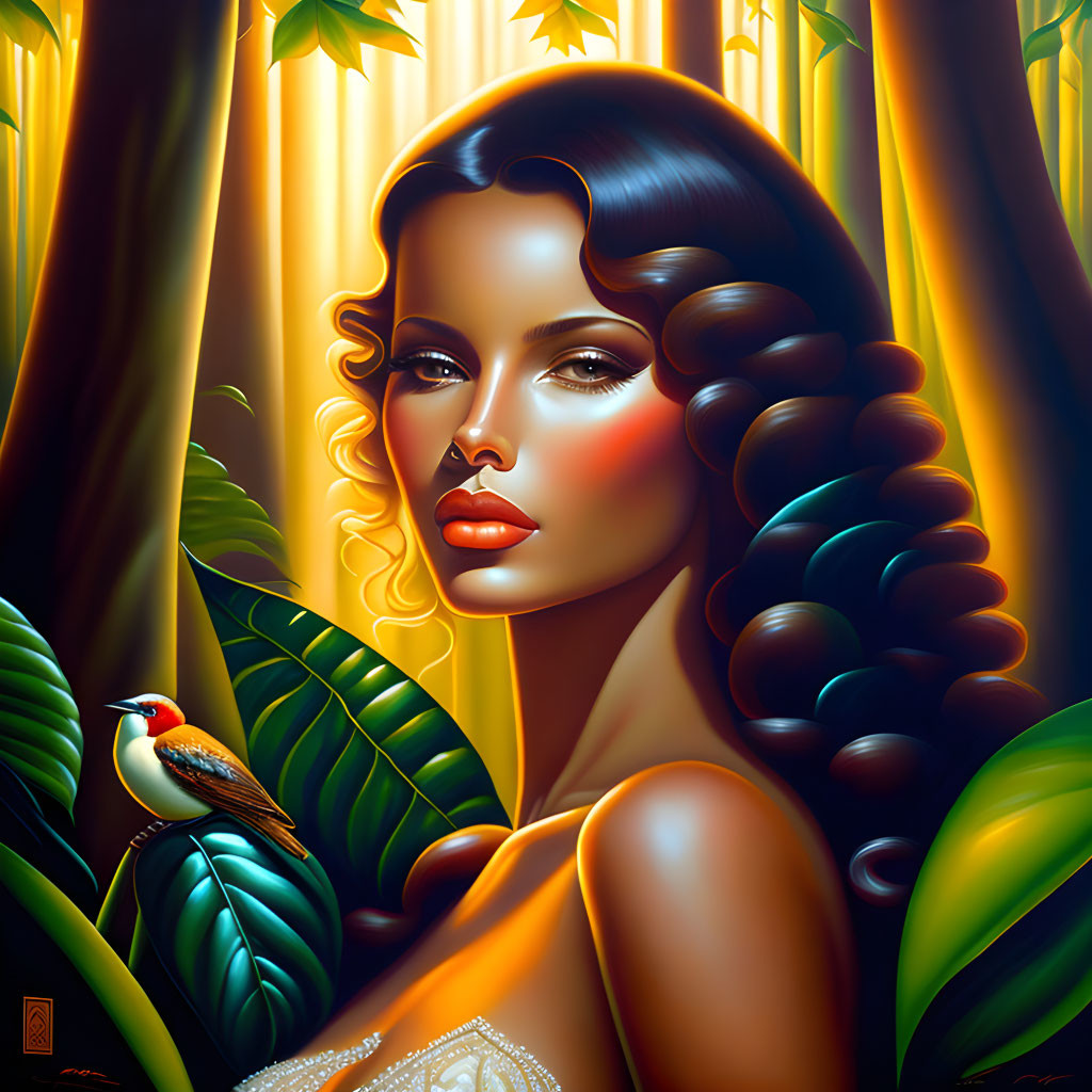 Stylized portrait of woman with wavy hair and bird among bamboo stalks