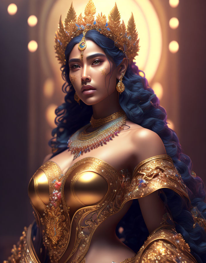 Regal woman with blue hair in golden armor and crown