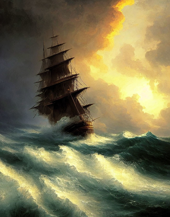 Tall ship sailing on turbulent seas under dramatic sky