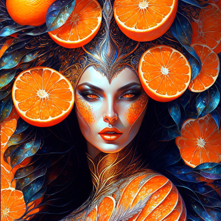 Illustration: Woman with orange slice hair adornments, leaf patterns, and ornate headdress.