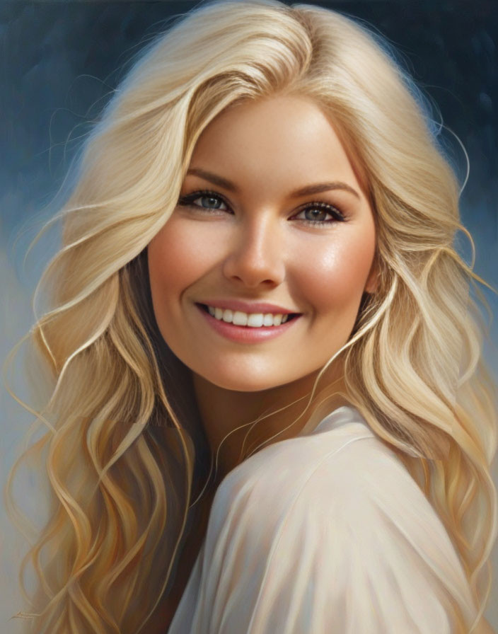 Blonde Woman Portrait with Wavy Hair and Light Blouse