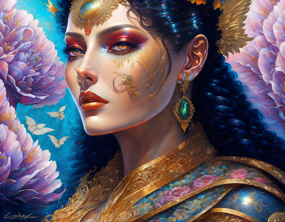 Detailed portrait of stylized woman with ornate jewelry, flowers, and butterflies