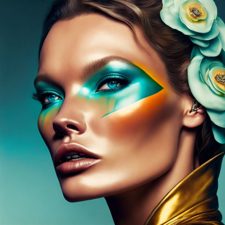 Vibrant blue and orange eye makeup with pale flowers and glossy lips on teal backdrop