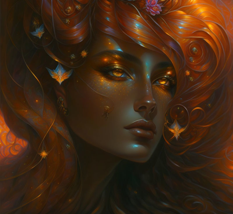 Fantasy portrait of woman with golden skin, fiery hair, stars, flowers, and mystical aura