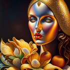 Surreal portrait of woman with golden headwear and yellow flower