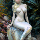 Mermaid digital artwork with long blonde hair and golden top among rocks