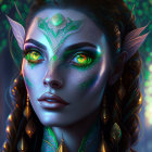 Female character with green mystical eyes and leafy patterns, exuding magical aura