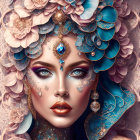 Fantasy illustration: Woman with green eyes, jeweled headpiece, teal and pink petal-like