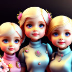 Three dolls with big eyes in floral turtleneck outfits on dark background