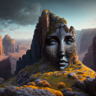 Colorful Surreal Landscape with Stone Human Face and Red Canyon Cliffs