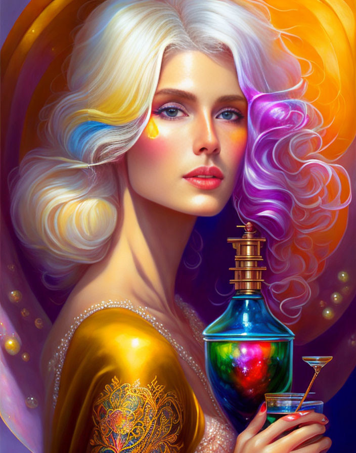 Colorful woman with flowing hair holds potion under ethereal light