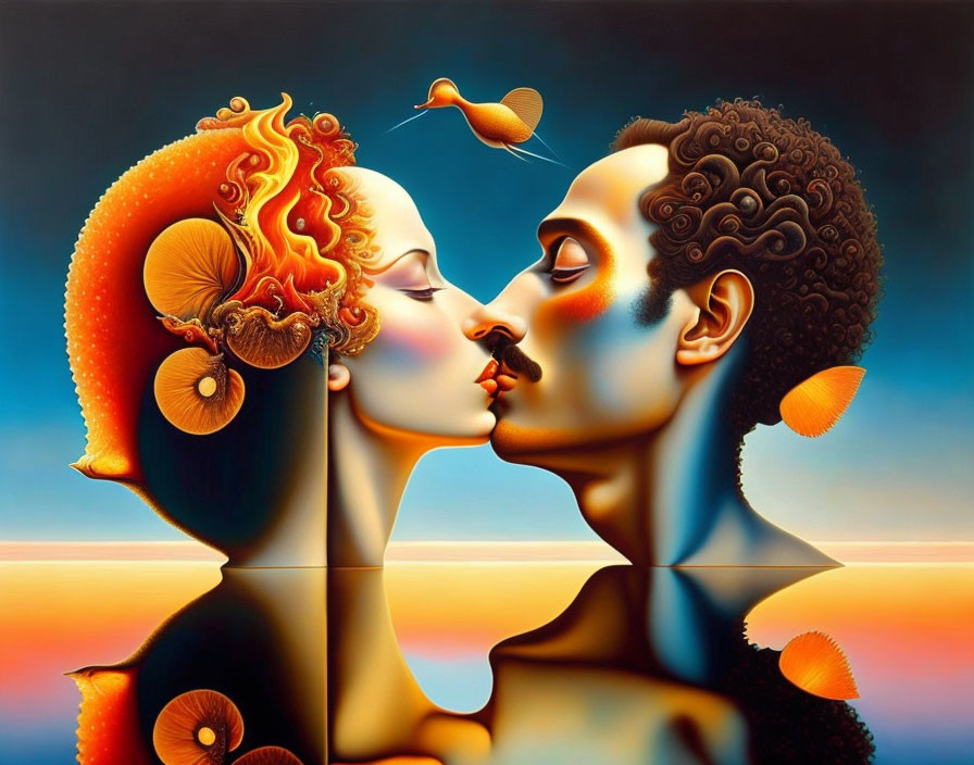 Surreal artwork of couple kissing with marine life motifs in sunset landscape