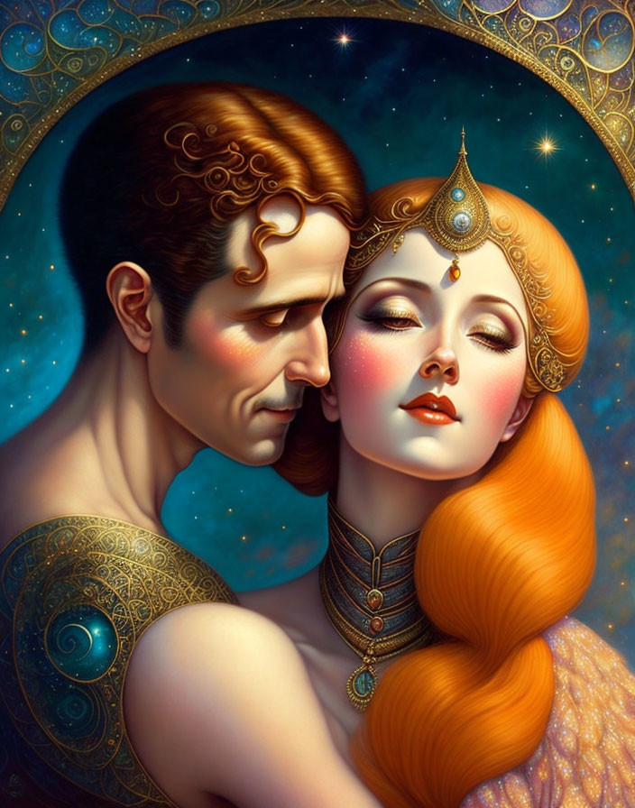 Vibrant cosmic-themed portrait with rich colors and detailed adornments