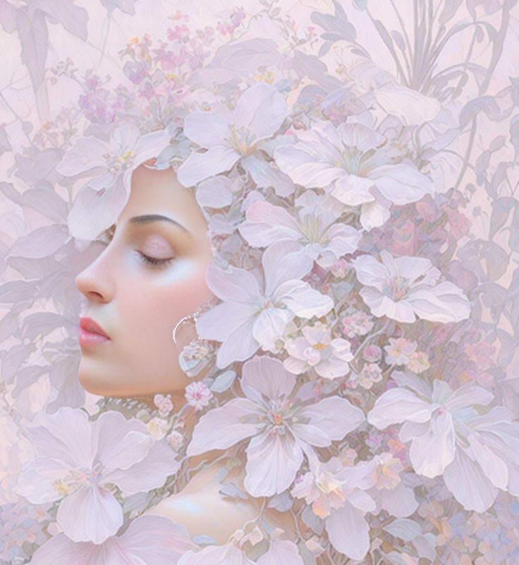 Profile of woman with pink and white flowers on floral background