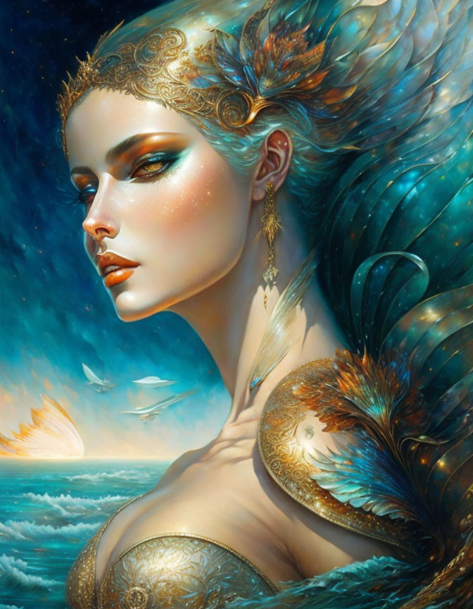 Ethereal woman with golden headgear and teal hair by sunset ocean.