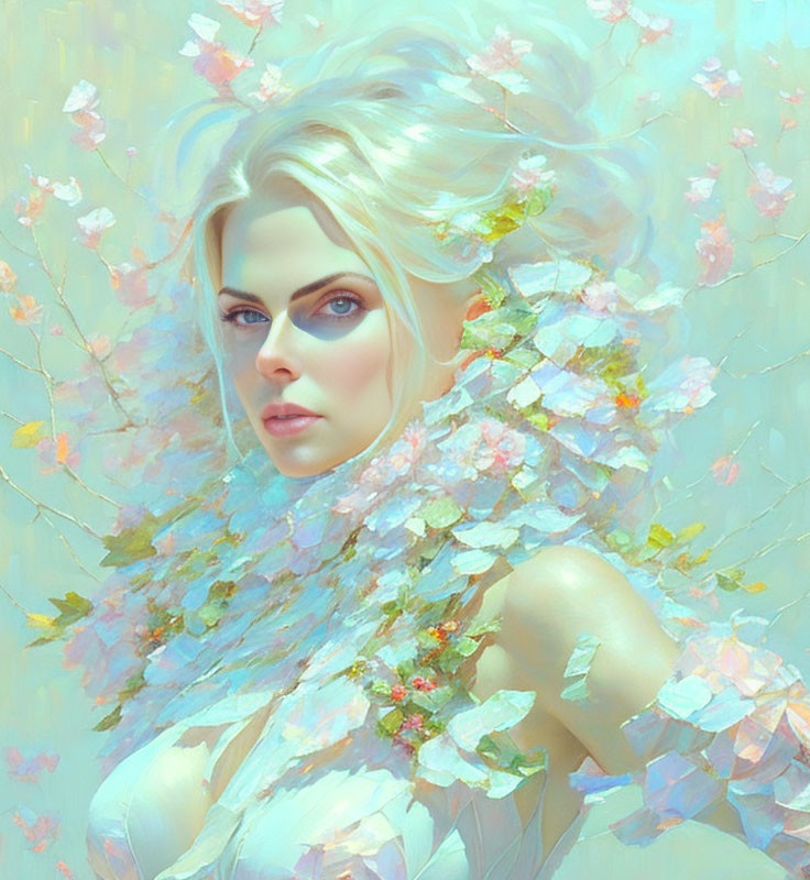 Radiant woman with blue eyes and blonde hair in spring blossom setting