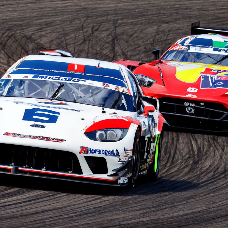 White and red racing cars with sponsorship decals in close competition on a racetrack