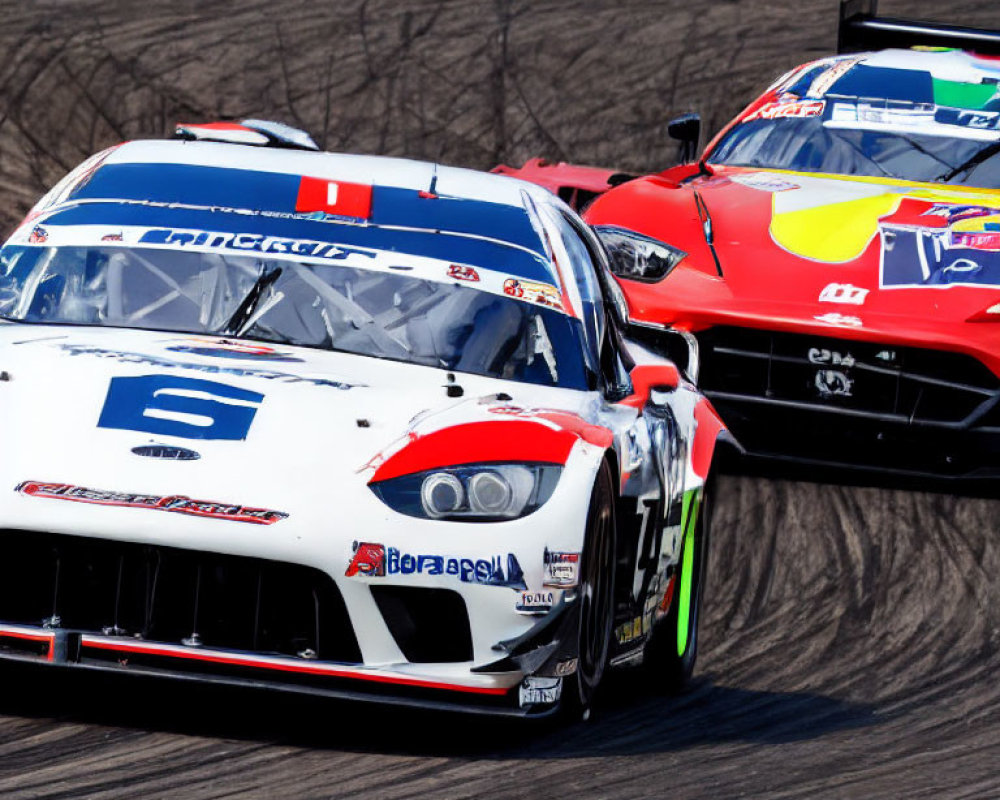 White and red racing cars with sponsorship decals in close competition on a racetrack