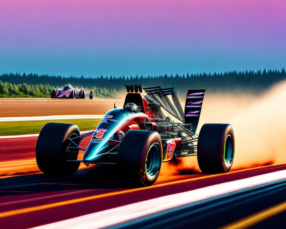 Formula 1 car racing on track at sunset with motion blur.