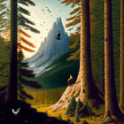Forest Scene with Mountain Backdrop: Eagle, Bear, Birds, and Wildlife in Lush Greenery
