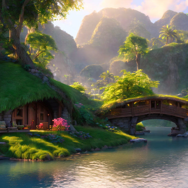 Tranquil fantasy island with hut, wooden bridge, and misty mountains at sunrise