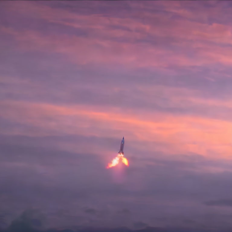 Space shuttle ascending through purple and pink twilight sky with blazing engines