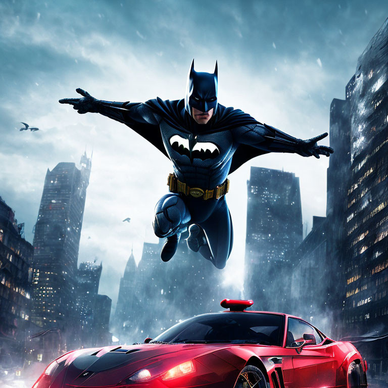 Superhero flying over red sports car in dark cityscape with bats