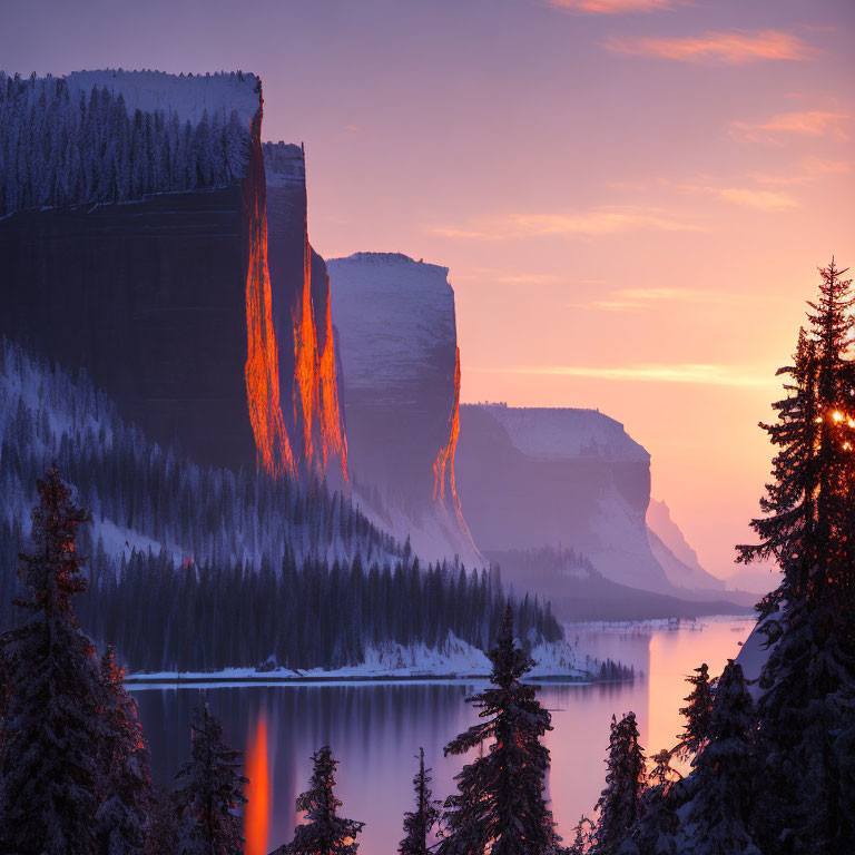 Tranquil sunset over snow-covered cliffs and river